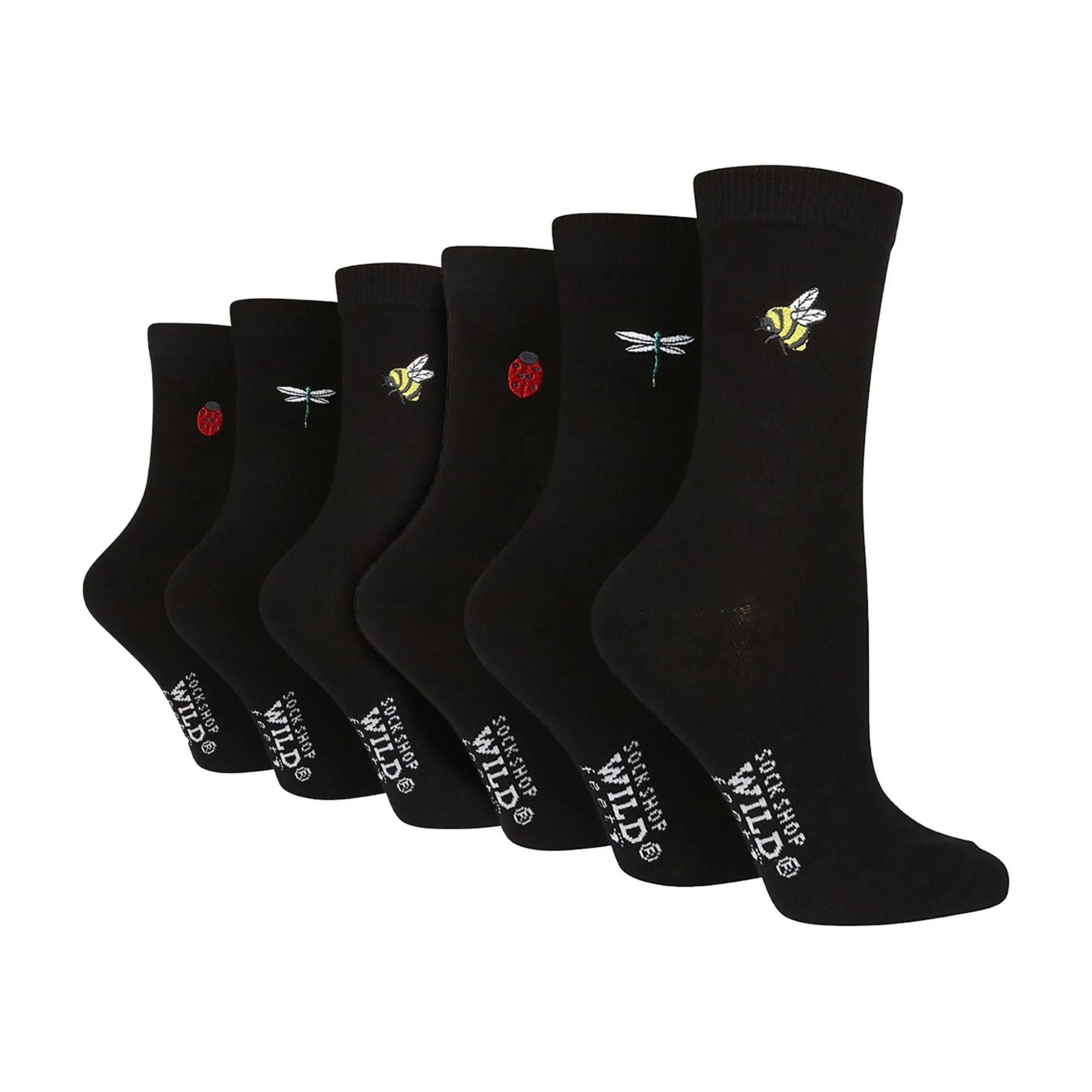 6 Pairs Ladies Multipack Black Novelty Socks: Embroidered Crew Cotton Socks