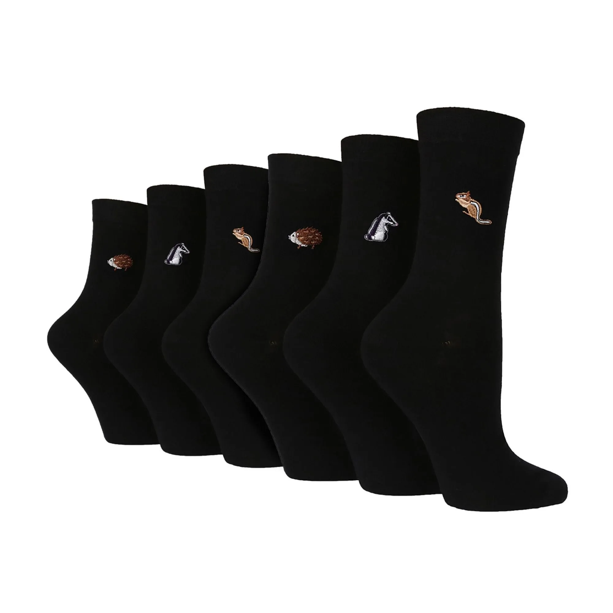 6 Pairs Ladies Multipack Black Novelty Socks: Embroidered Crew Cotton Socks