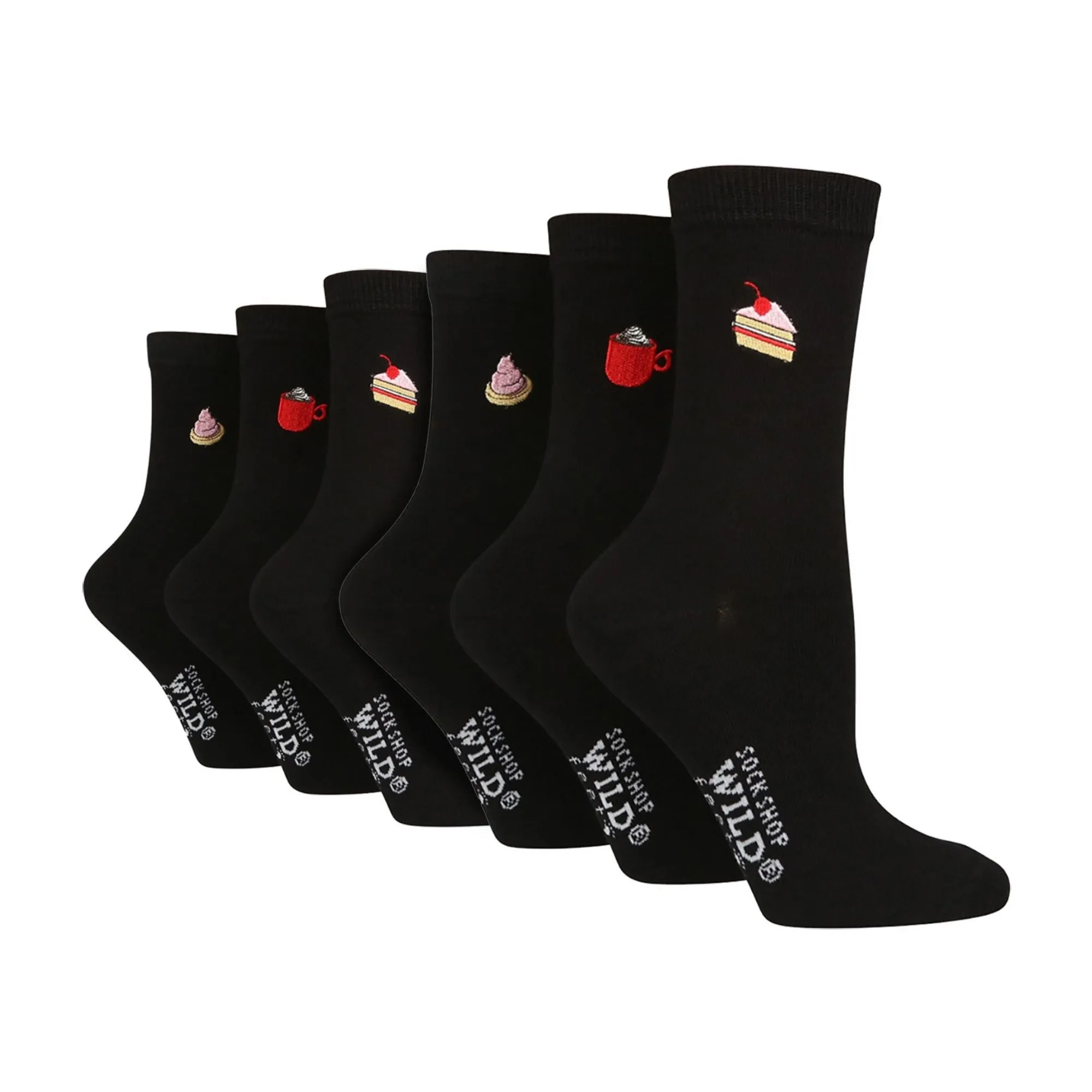 6 Pairs Ladies Multipack Black Novelty Socks: Embroidered Crew Cotton Socks