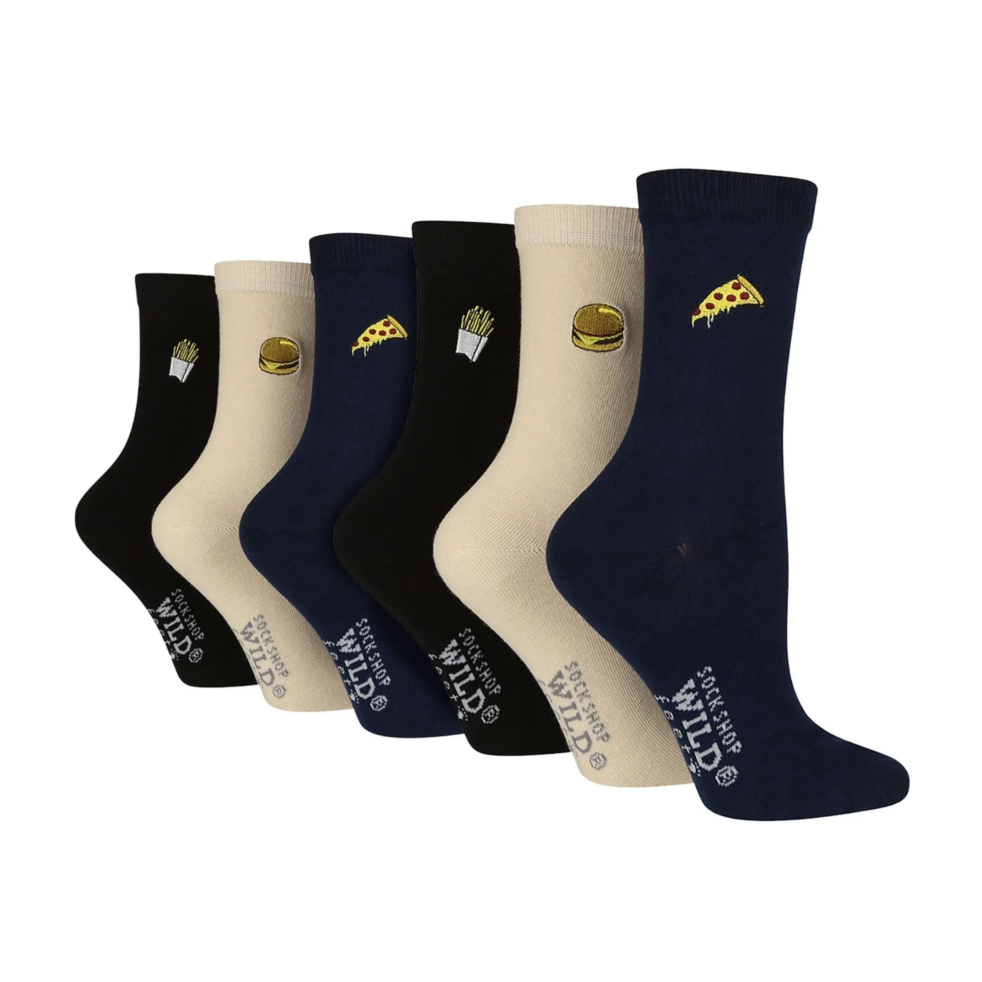 6 Pairs Ladies Multipack Black Novelty Socks: Embroidered Crew Cotton Socks