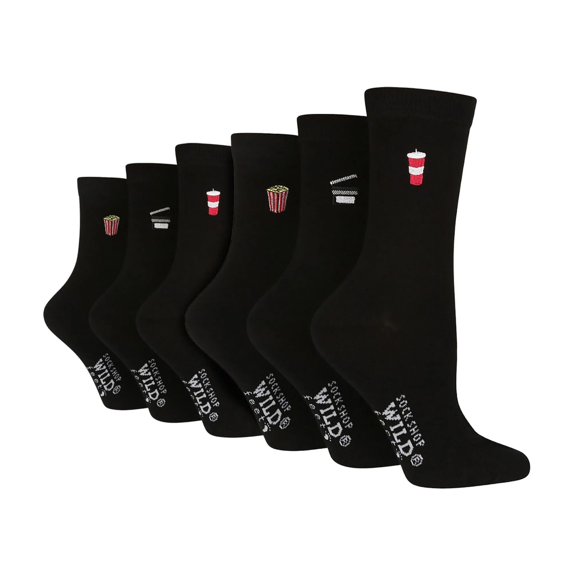 6 Pairs Ladies Multipack Black Novelty Socks: Embroidered Crew Cotton Socks