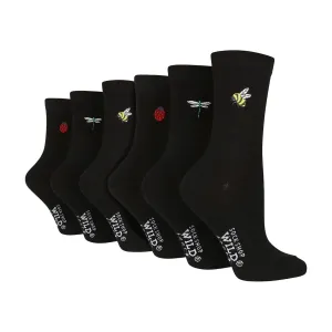 6 Pairs Ladies Multipack Black Novelty Socks: Embroidered Crew Cotton Socks