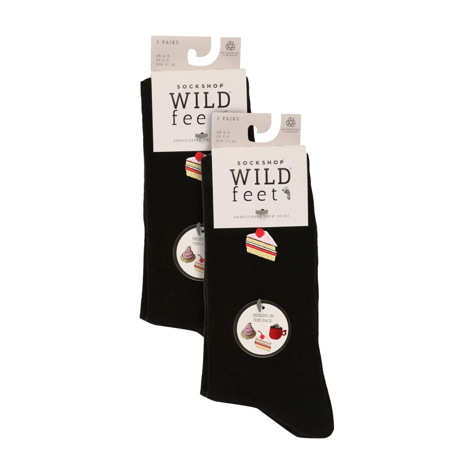 6 Pairs Ladies Multipack Black Novelty Socks: Embroidered Crew Cotton Socks