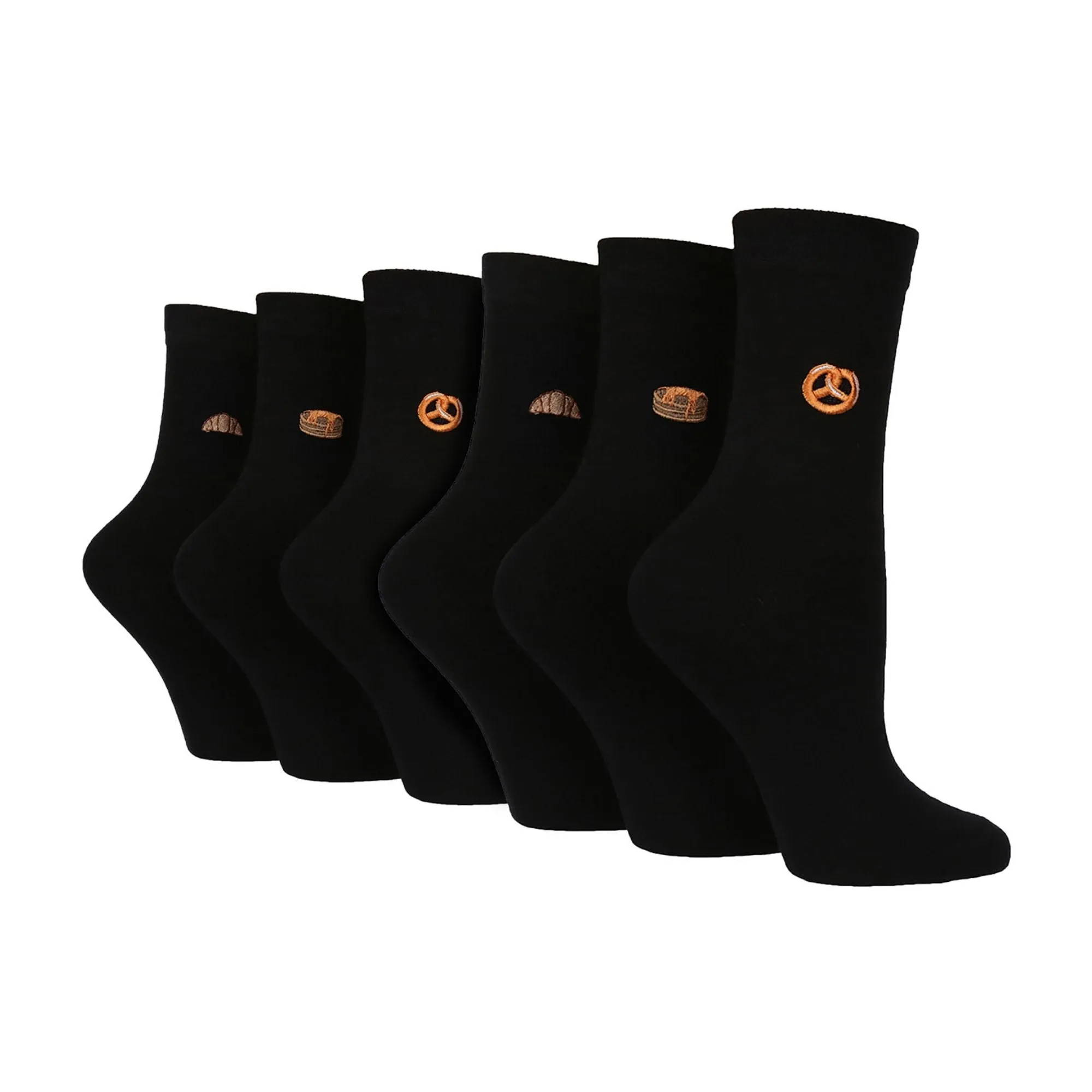 6 Pairs Ladies Multipack Black Novelty Socks: Embroidered Crew Cotton Socks