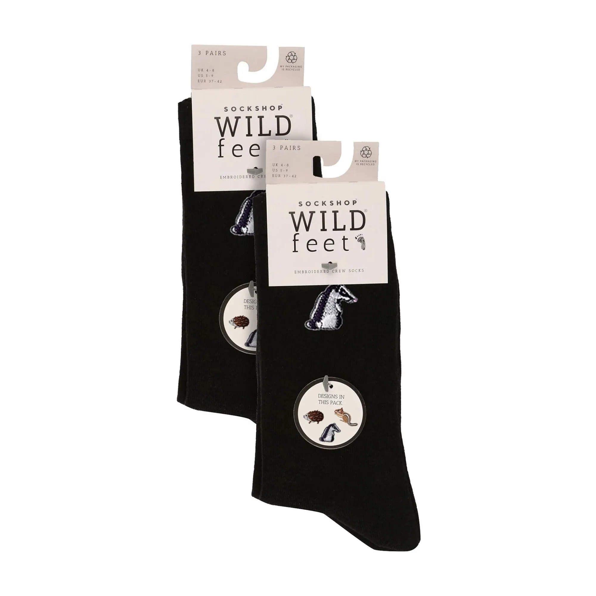 6 Pairs Ladies Multipack Black Novelty Socks: Embroidered Crew Cotton Socks