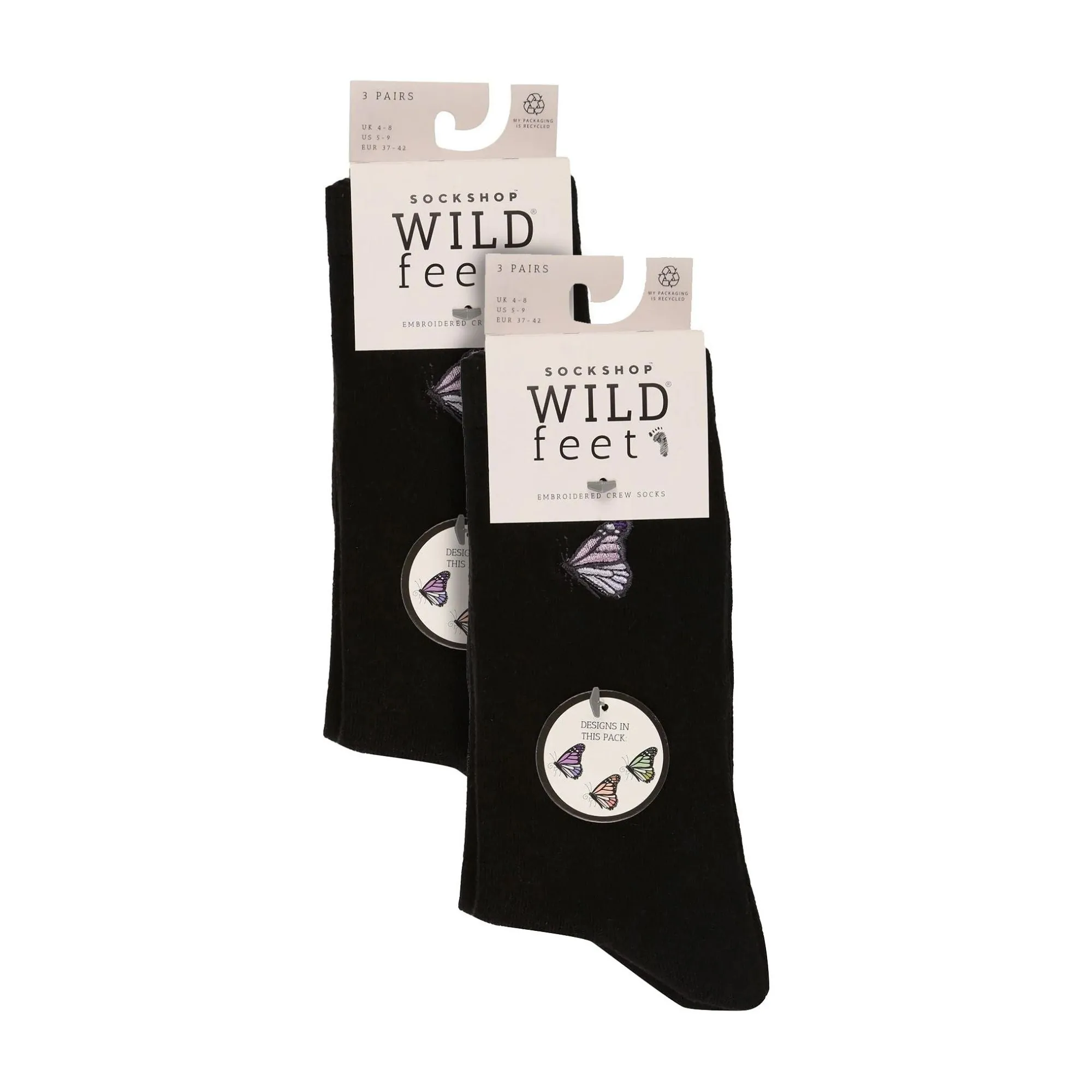 6 Pairs Ladies Multipack Black Novelty Socks: Embroidered Crew Cotton Socks