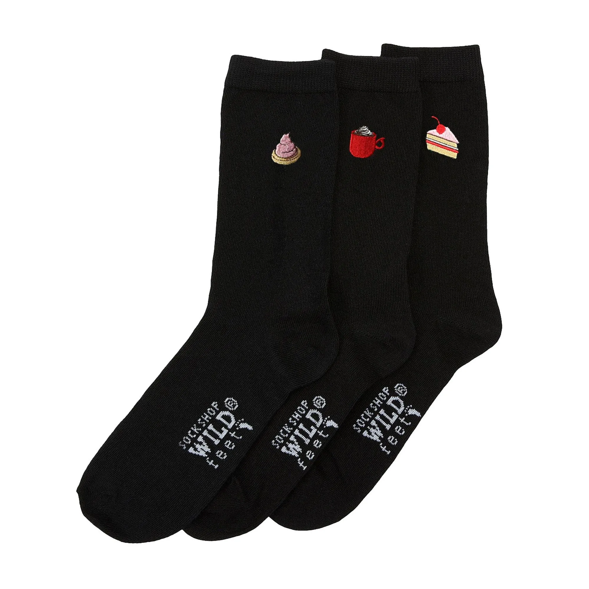 6 Pairs Ladies Multipack Black Novelty Socks: Embroidered Crew Cotton Socks