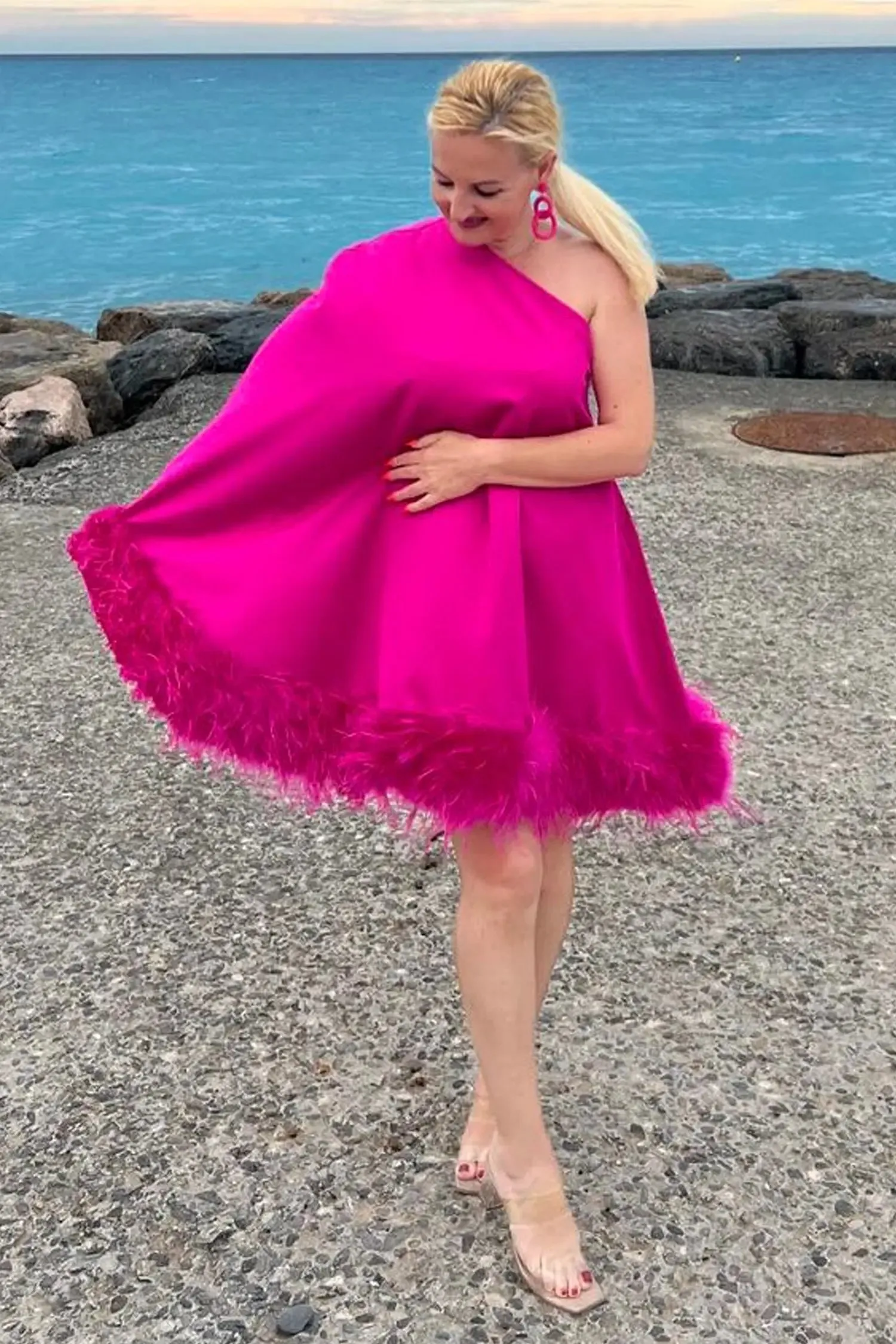 Ailani Feather Trim One Shoulder Mini Dress-Pink