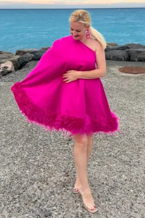 Ailani Feather Trim One Shoulder Mini Dress-Pink