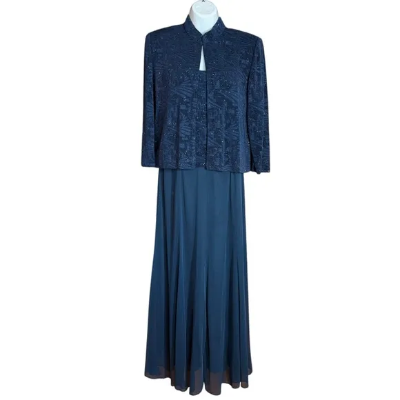 Alex Evenings Navy Dress &amp; Jacket, Patterned Sparkle Maxi Dress Women's Size10P