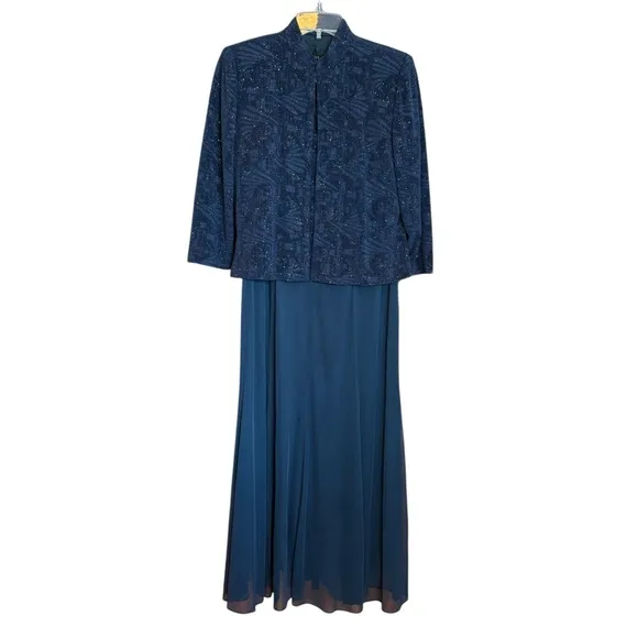 Alex Evenings Navy Dress &amp; Jacket, Patterned Sparkle Maxi Dress Women's Size10P