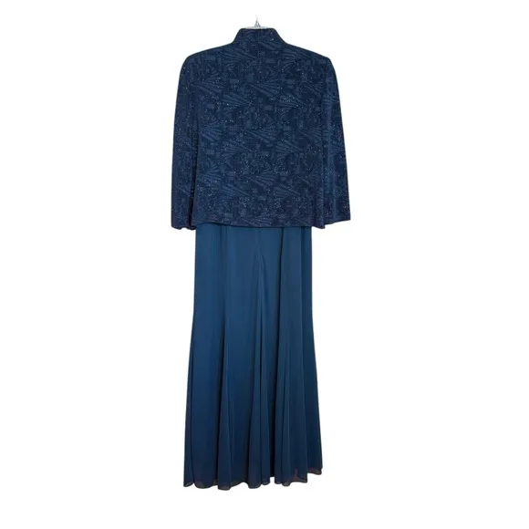 Alex Evenings Navy Dress &amp; Jacket, Patterned Sparkle Maxi Dress Women's Size10P