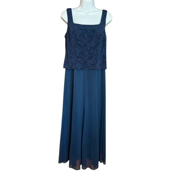 Alex Evenings Navy Dress &amp; Jacket, Patterned Sparkle Maxi Dress Women's Size10P