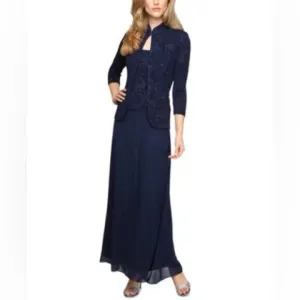 Alex Evenings Navy Dress &amp; Jacket, Patterned Sparkle Maxi Dress Women's Size10P