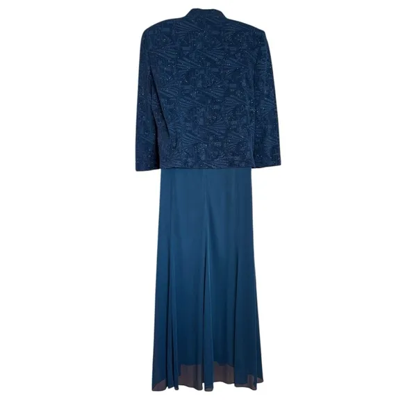 Alex Evenings Navy Dress &amp; Jacket, Patterned Sparkle Maxi Dress Women's Size10P