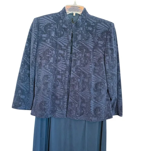 Alex Evenings Navy Dress &amp; Jacket, Patterned Sparkle Maxi Dress Women's Size10P