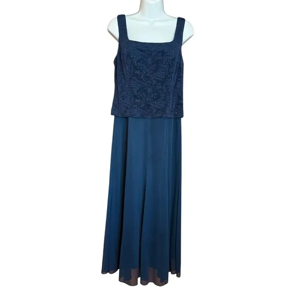 Alex Evenings Navy Dress &amp; Jacket, Patterned Sparkle Maxi Dress Women's Size10P