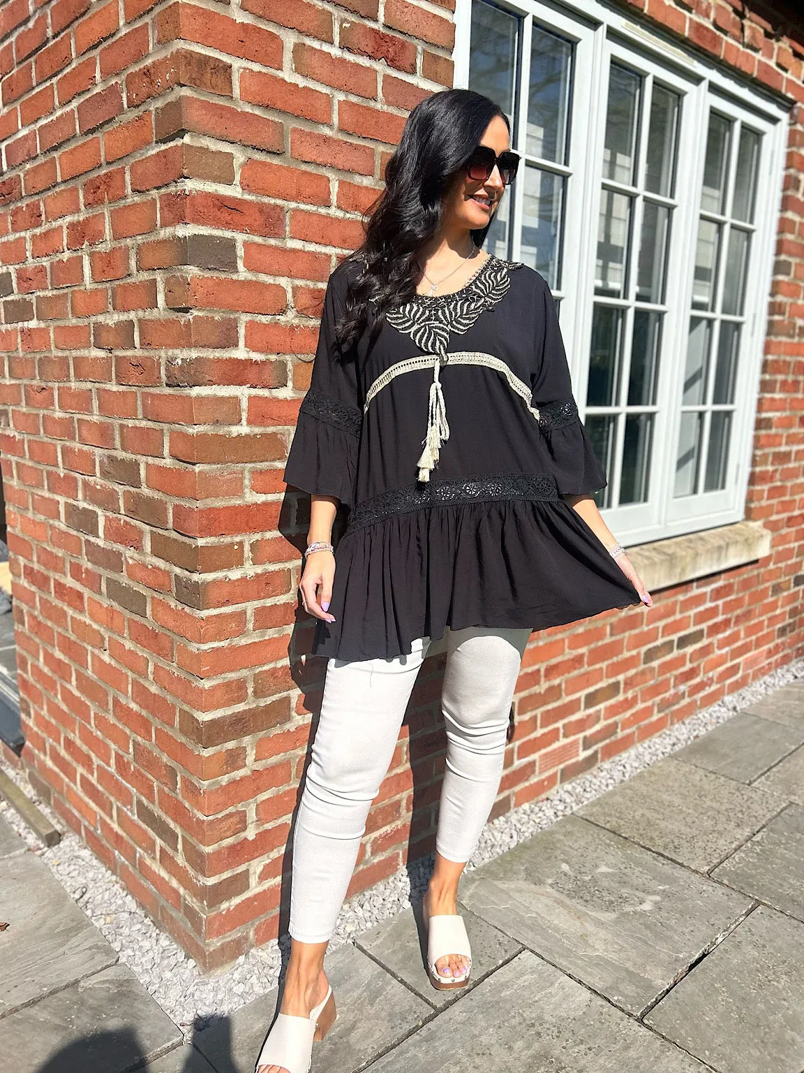 Black Gold Leaf Tassel Tunic Serena