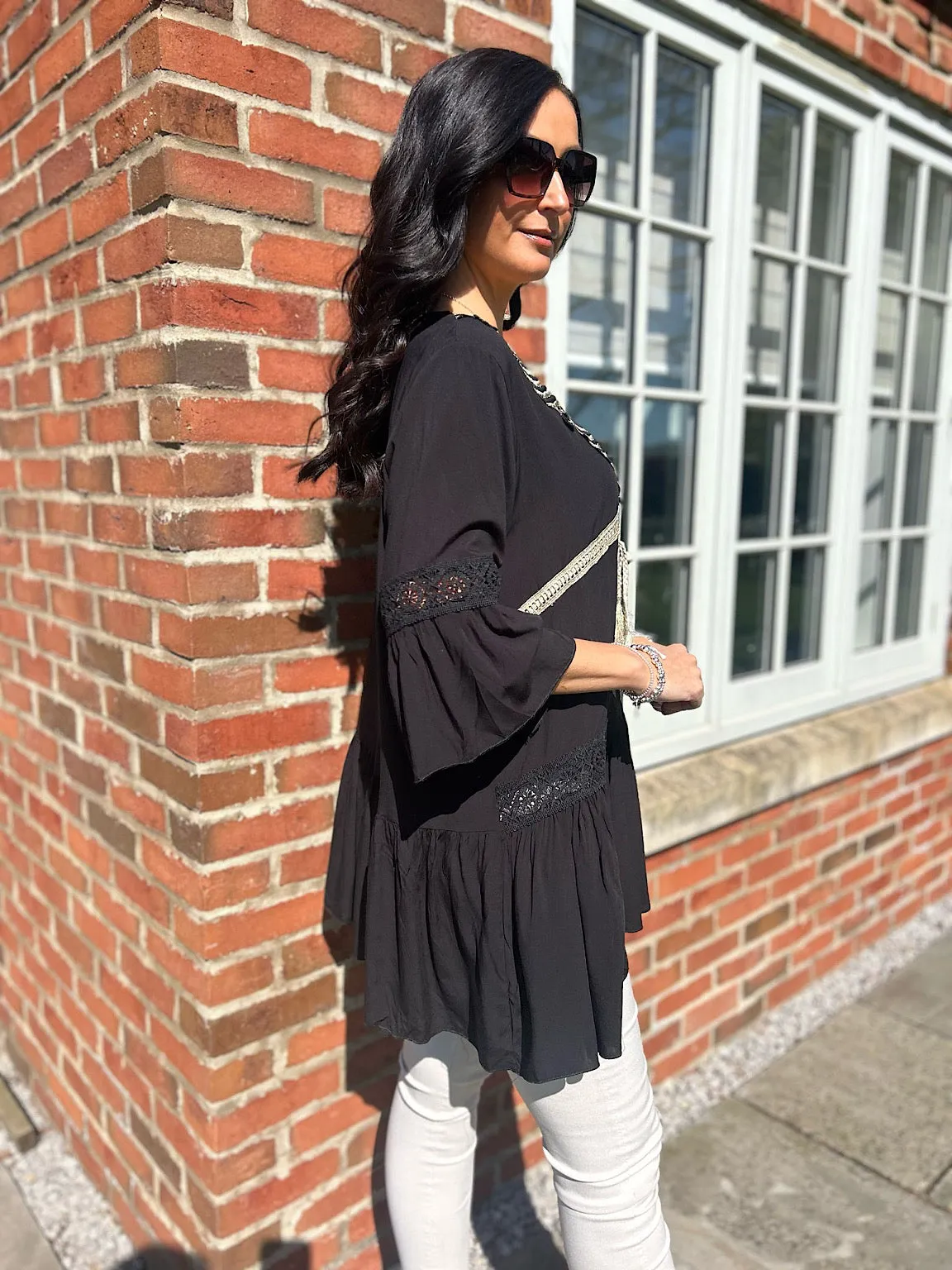 Black Gold Leaf Tassel Tunic Serena