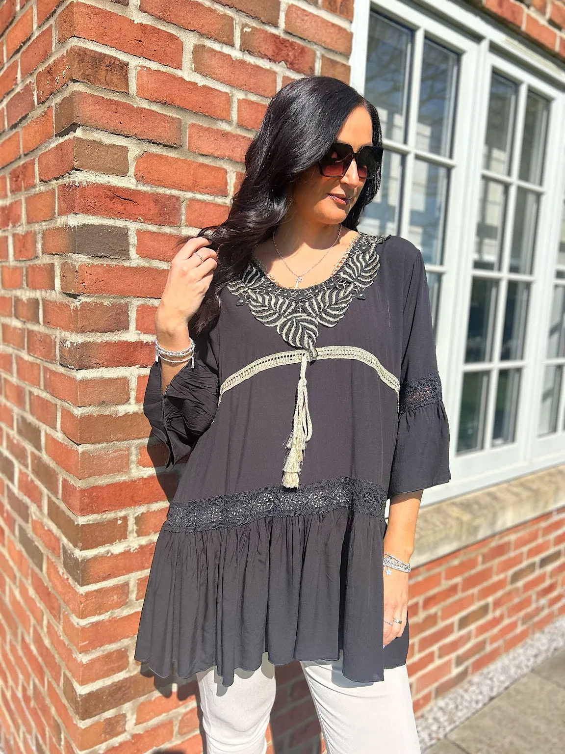 Black Gold Leaf Tassel Tunic Serena