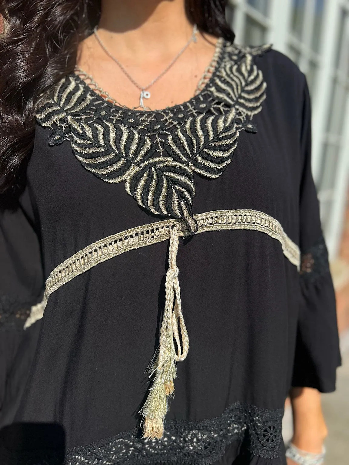Black Gold Leaf Tassel Tunic Serena