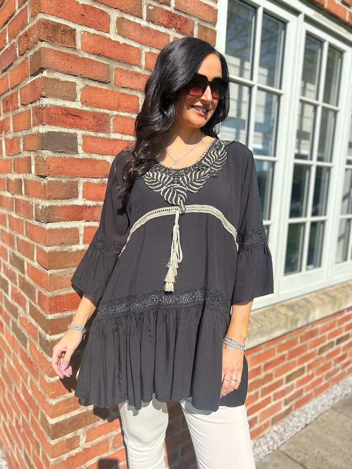 Black Gold Leaf Tassel Tunic Serena