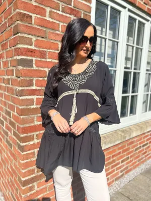 Black Gold Leaf Tassel Tunic Serena