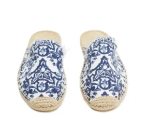 Blue & White Printed Espadrille Slides