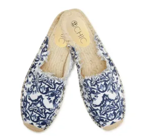 Blue & White Printed Espadrille Slides