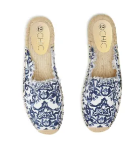 Blue & White Printed Espadrille Slides