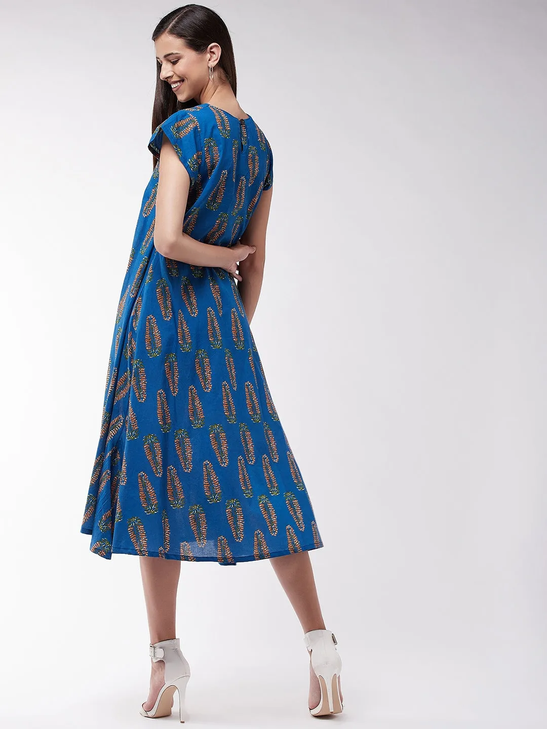 Blue Orange Leaf A Line Dress