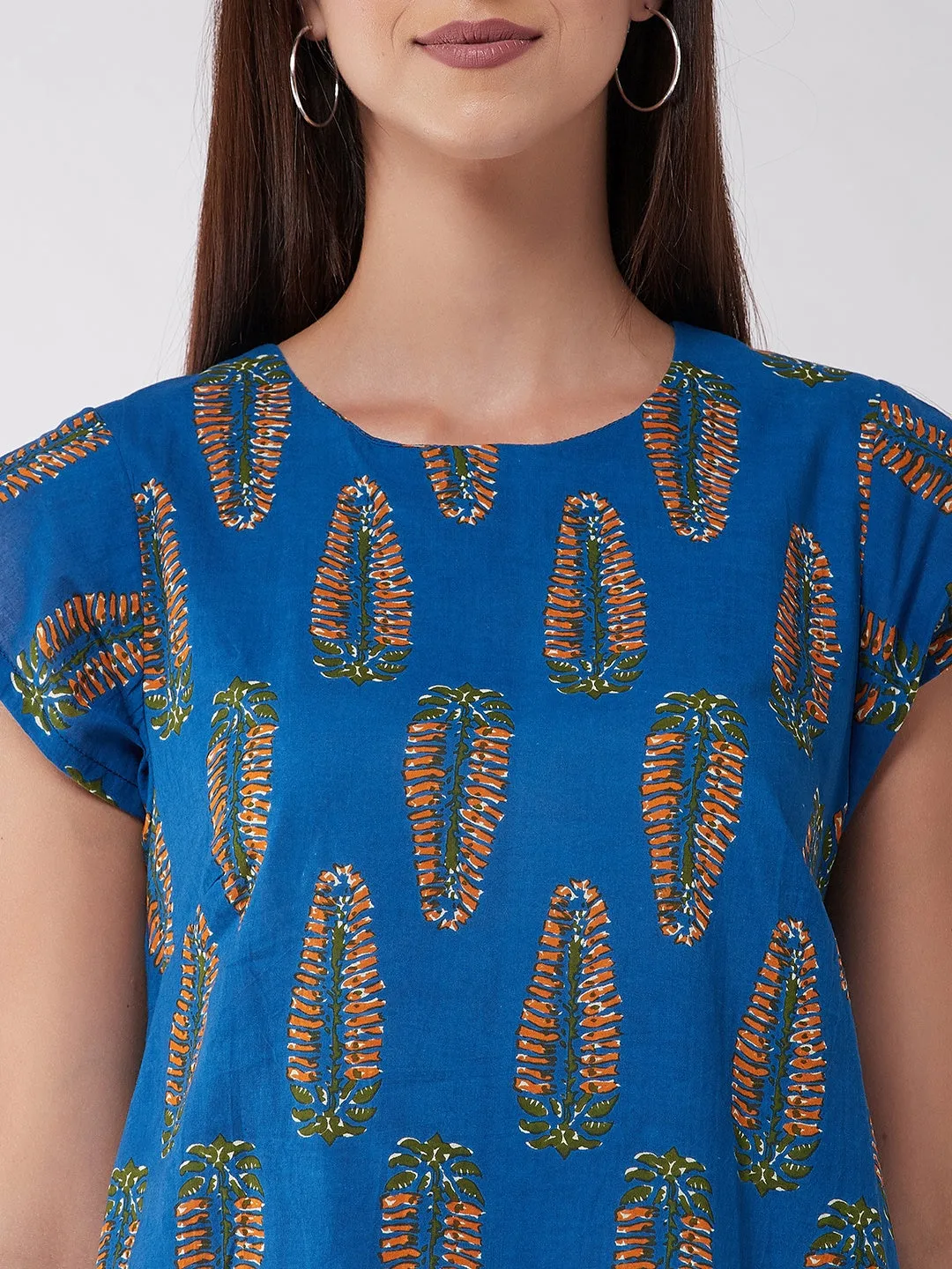 Blue Orange Leaf A Line Dress