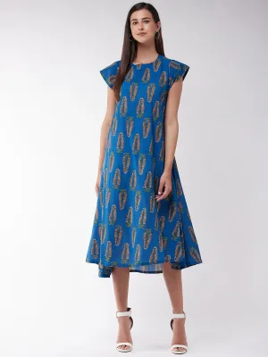 Blue Orange Leaf A Line Dress