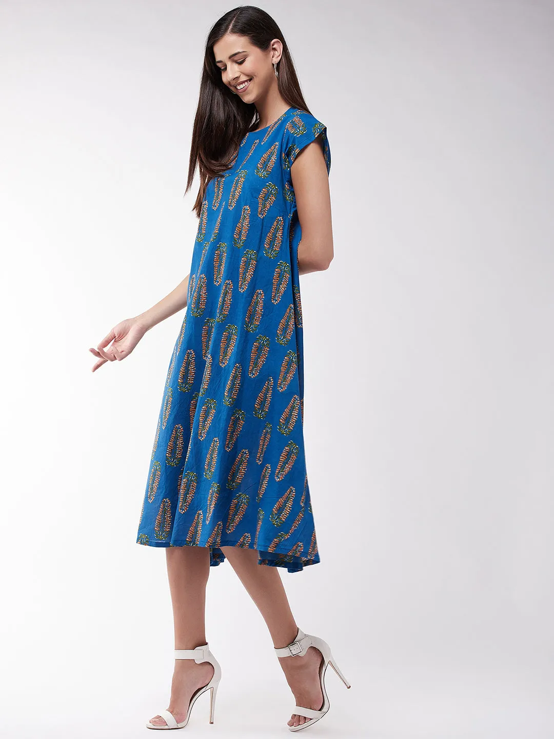 Blue Orange Leaf A Line Dress