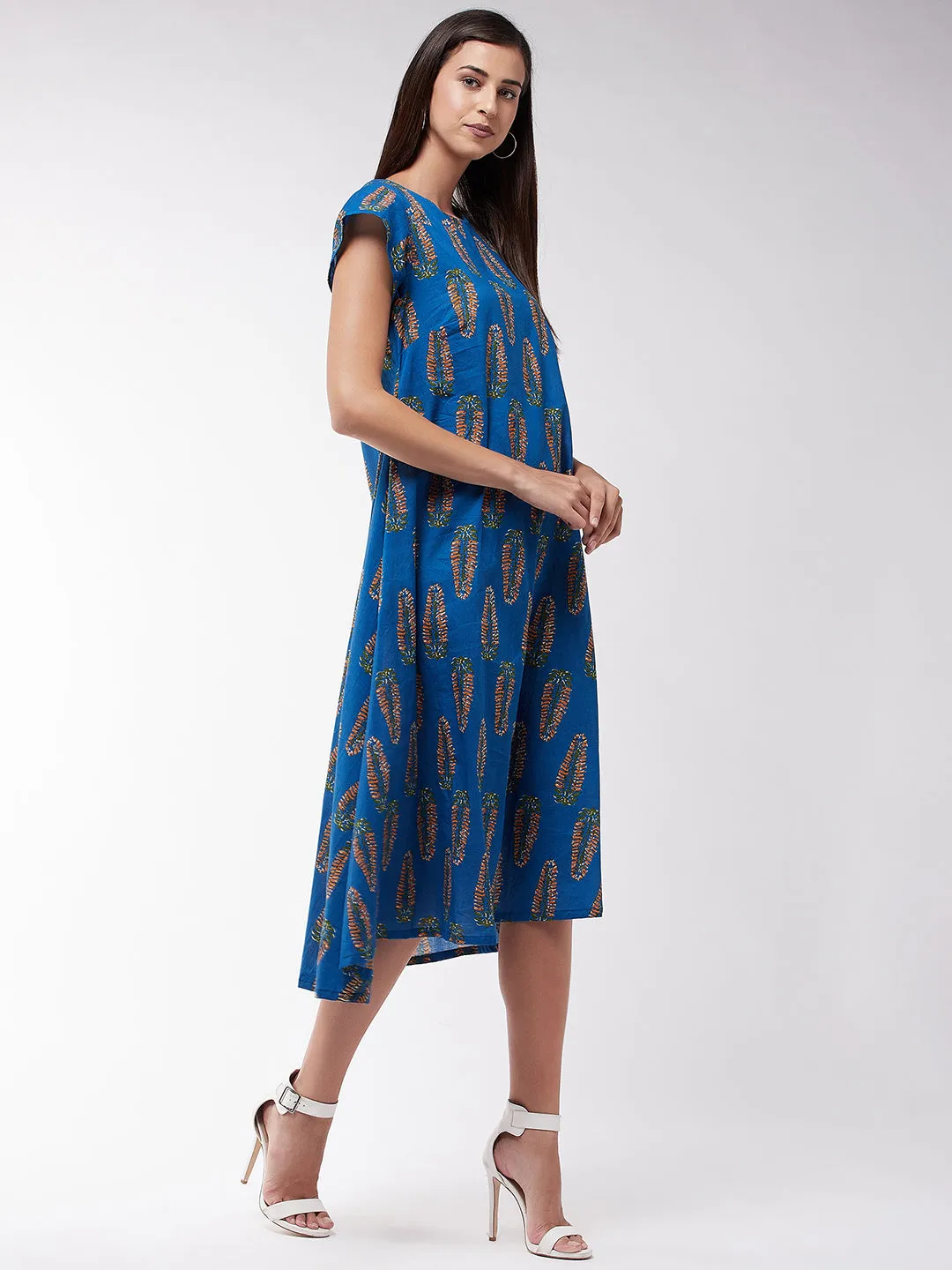 Blue Orange Leaf A Line Dress