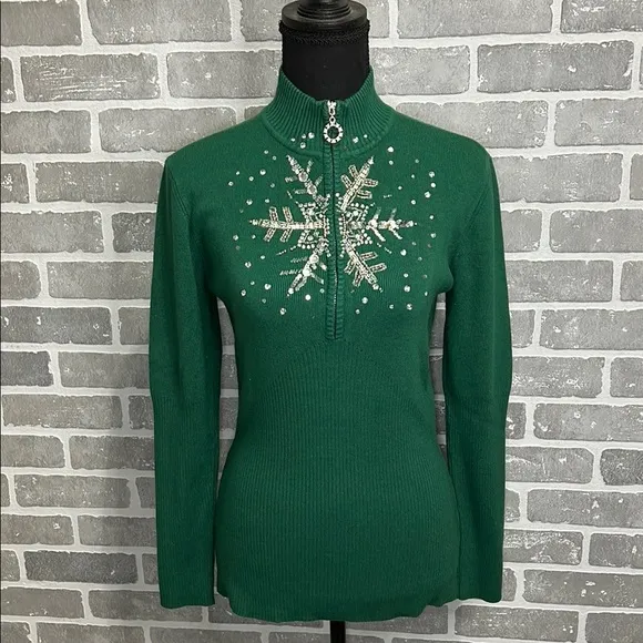 Boston Proper Green Snowflake Embellished Sweater Womens Size Small | NWOT