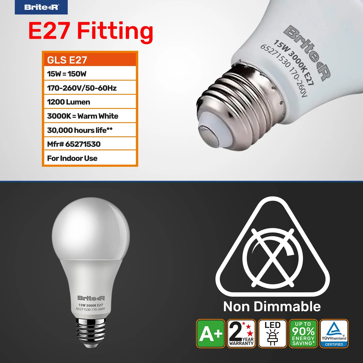 Brite-R 15W E27 ES GLS LED Bulb Warm White 3000K