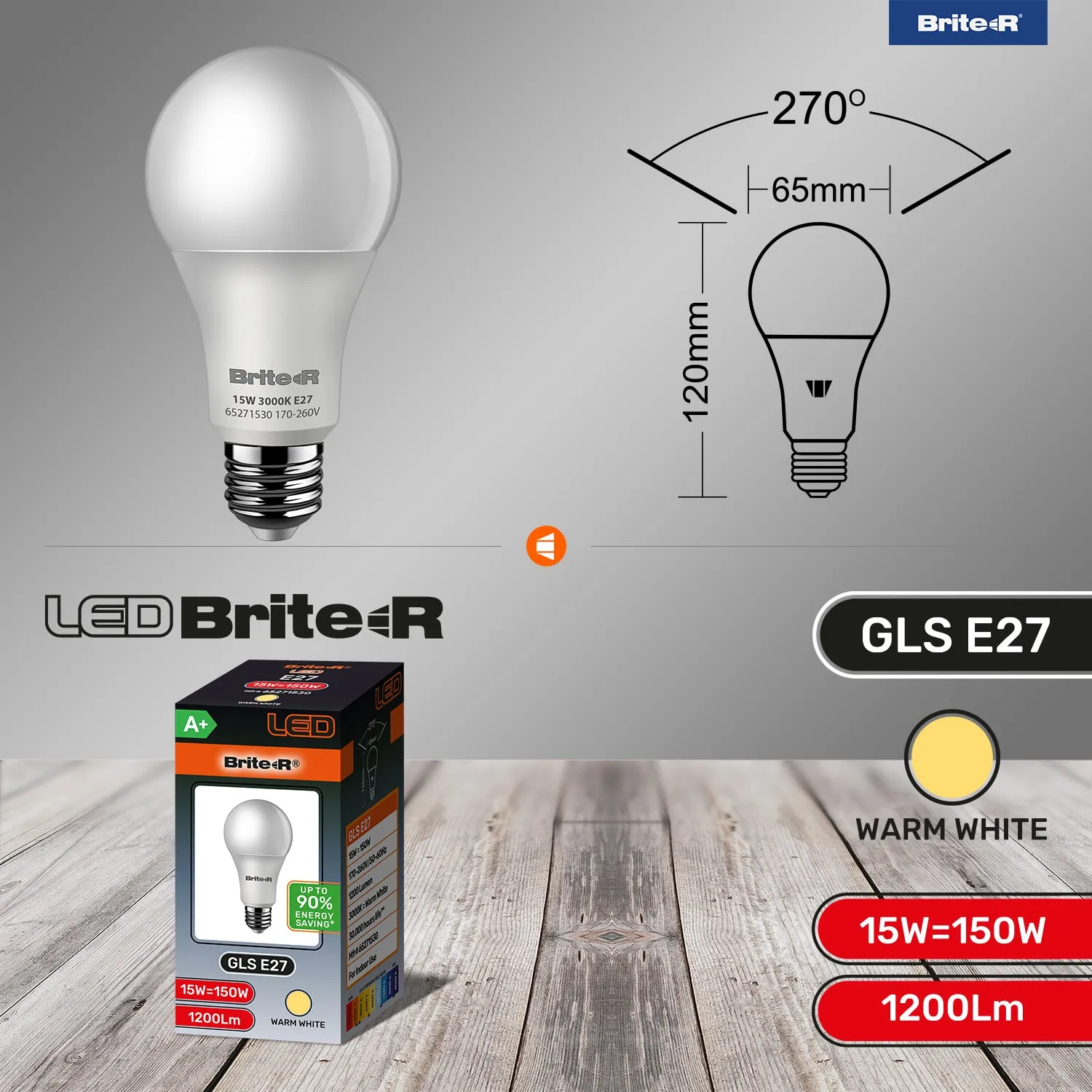Brite-R 15W E27 ES GLS LED Bulb Warm White 3000K