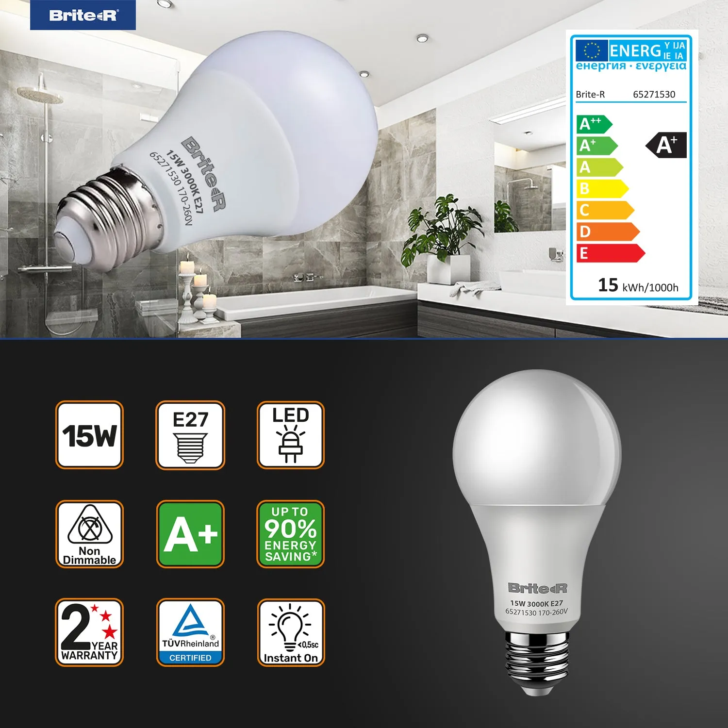 Brite-R 15W E27 ES GLS LED Bulb Warm White 3000K