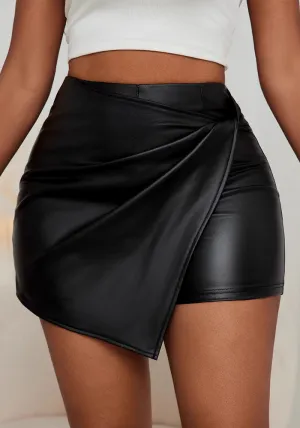 Edgy Asymmetrical Faux Leather Mini Skirt with Wrap Detail