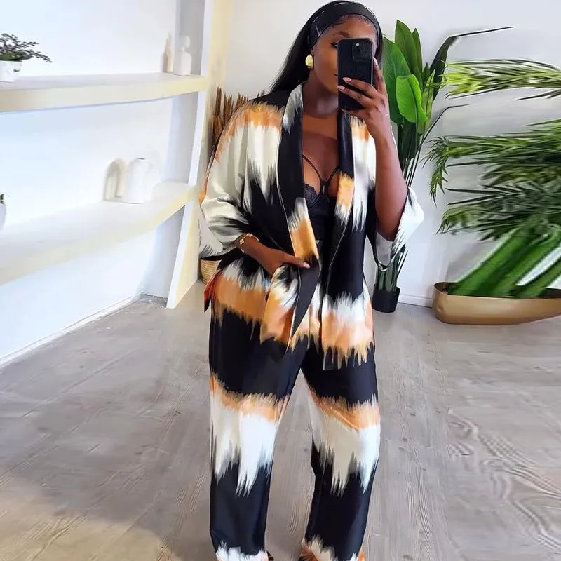 Elegant Satin Brushstroke Print Long Sleeve Cardigan and Pants Two-Piece Set