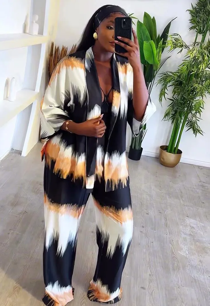 Elegant Satin Brushstroke Print Long Sleeve Cardigan and Pants Two-Piece Set