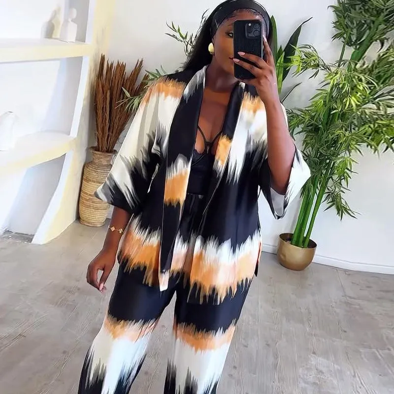 Elegant Satin Brushstroke Print Long Sleeve Cardigan and Pants Two-Piece Set