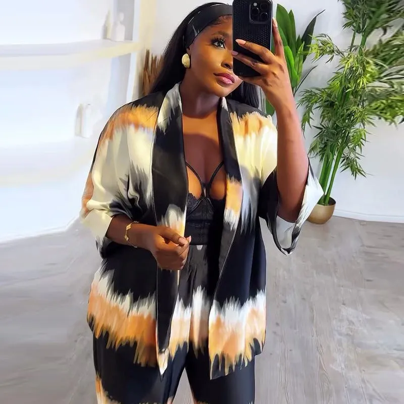 Elegant Satin Brushstroke Print Long Sleeve Cardigan and Pants Two-Piece Set