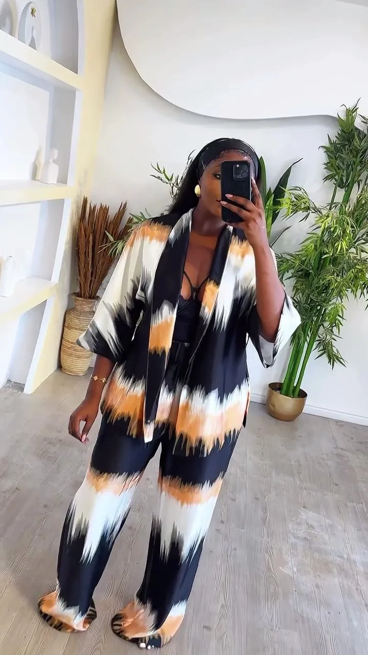 Elegant Satin Brushstroke Print Long Sleeve Cardigan and Pants Two-Piece Set