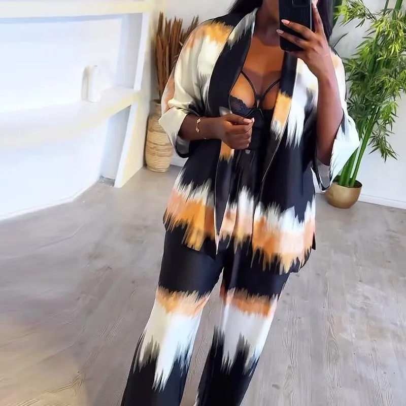 Elegant Satin Brushstroke Print Long Sleeve Cardigan and Pants Two-Piece Set