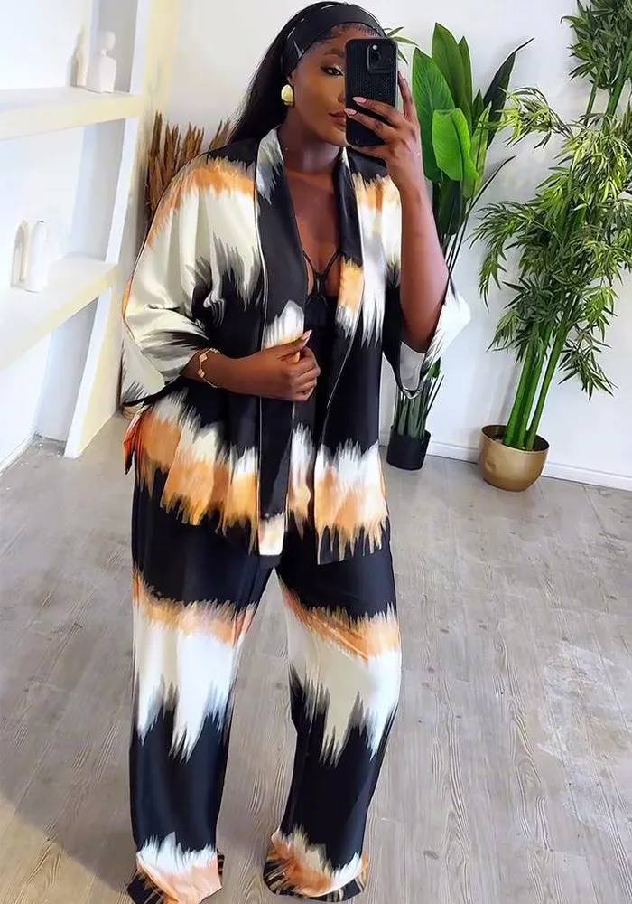 Elegant Satin Brushstroke Print Long Sleeve Cardigan and Pants Two-Piece Set