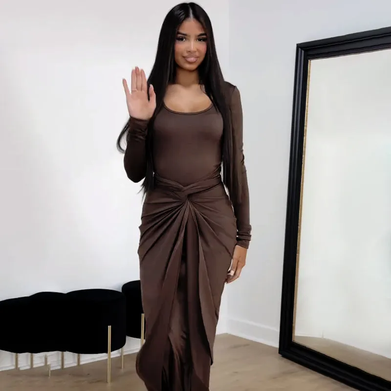 Elegant Solid Color Long Sleeve Knot Detail Maxi Dress