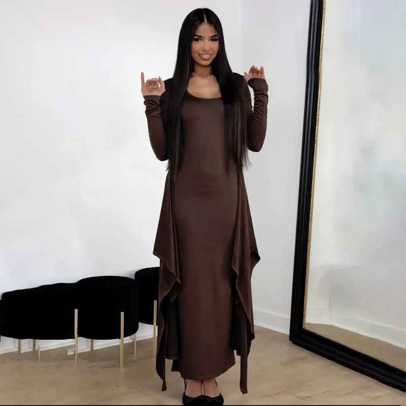Elegant Solid Color Long Sleeve Knot Detail Maxi Dress