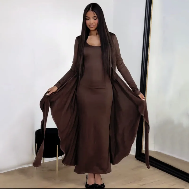 Elegant Solid Color Long Sleeve Knot Detail Maxi Dress